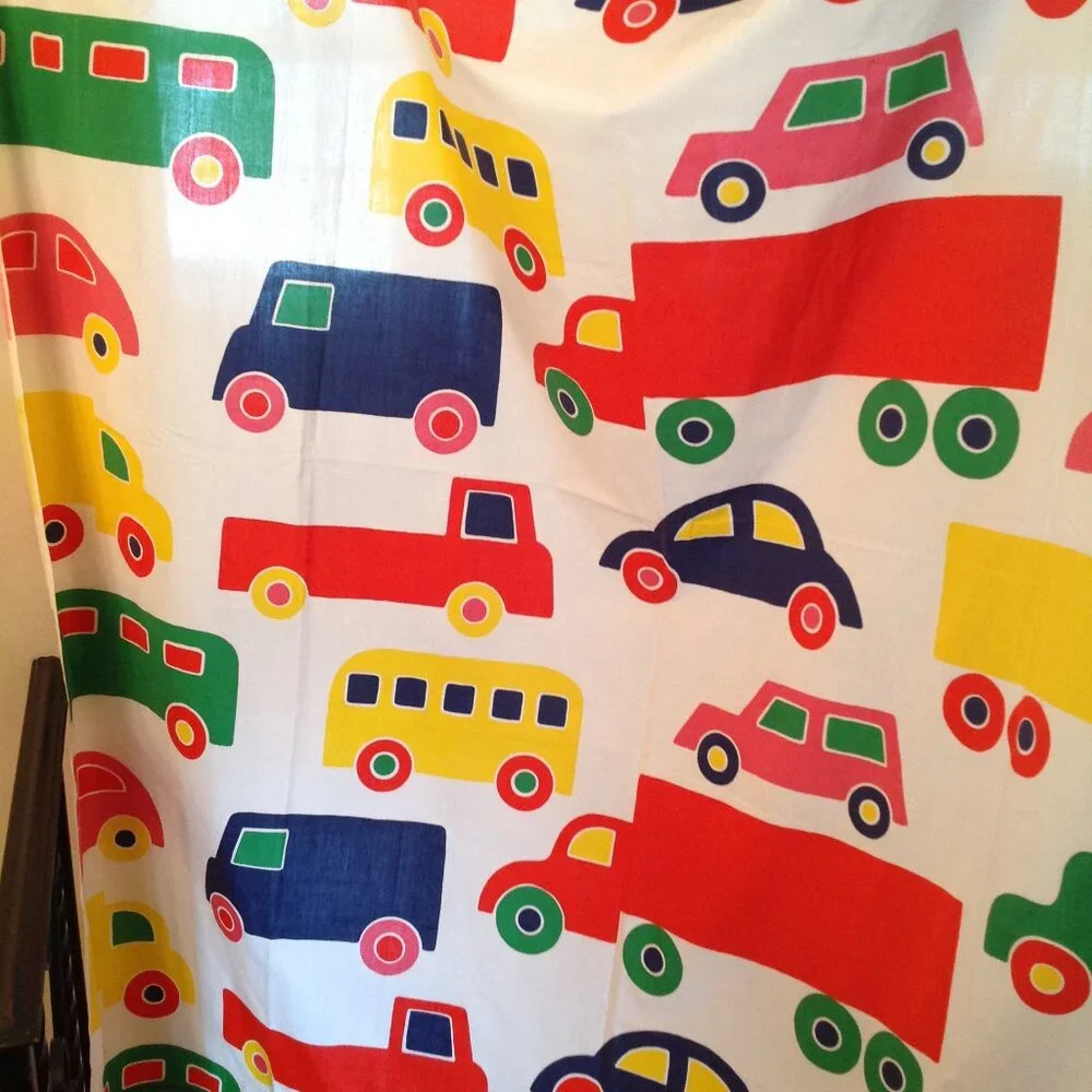 Vintage 70's Marimekko Dan River Bo Boo Cars Trucks Fabric Shower Curtain